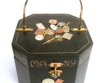 Whimsical Quirky Clock Themed Handmade Wood Artisan Box Purse c 1970s