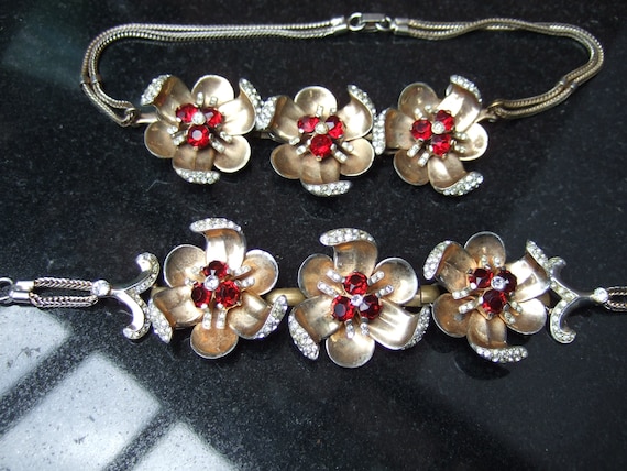 1940s Elegant Red Floral Crystal Choker Necklace … - image 2