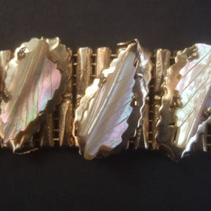 Elegant Carved Mother of Pearl Gilt Metal Link Bracelet by Kafin NY image 9