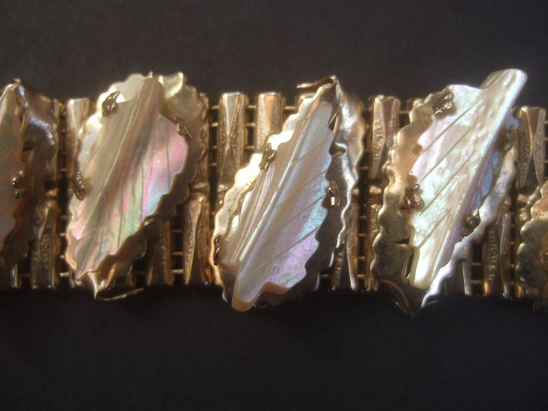 Elegant Carved Mother of Pearl Gilt Metal Link Bracelet by Kafin NY image 9