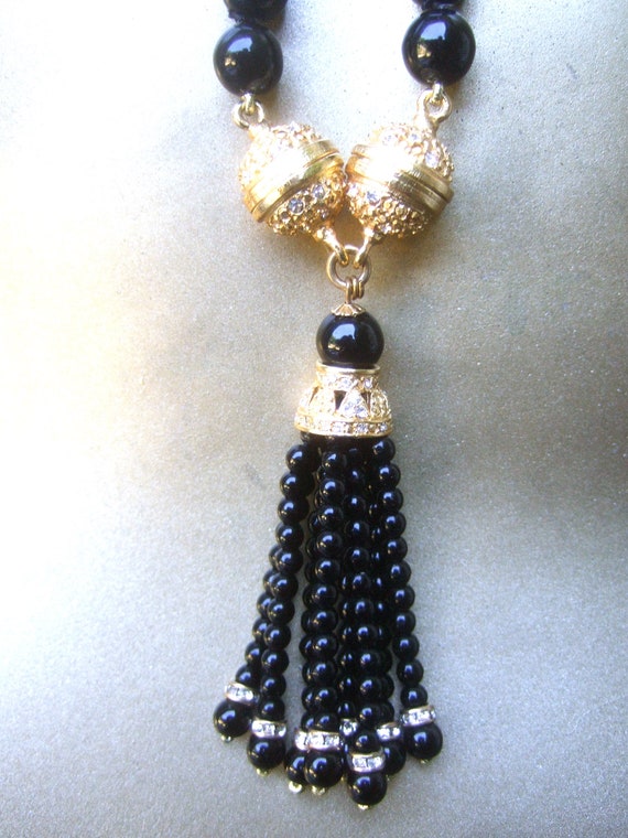 Opulent Ebony Glass Beaded Sautoir Necklace c 198… - image 8
