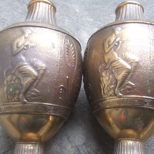 Ornate Pair of Gilt Bronze Plated Figural Male & Female Decorative Urns  c 1960