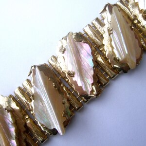 Elegant Carved Mother of Pearl Gilt Metal Link Bracelet by Kafin NY image 8