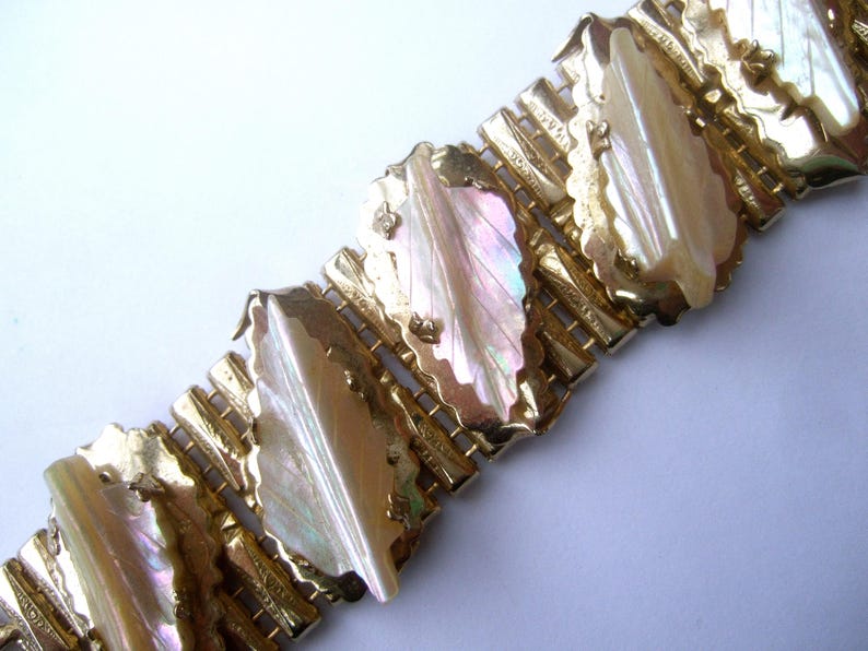 Elegant Carved Mother of Pearl Gilt Metal Link Bracelet by Kafin NY image 8