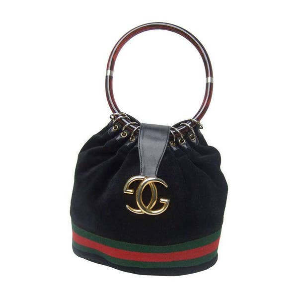 Gucci Luxurious Black Suede Lucite Handle Handbag  1970's.