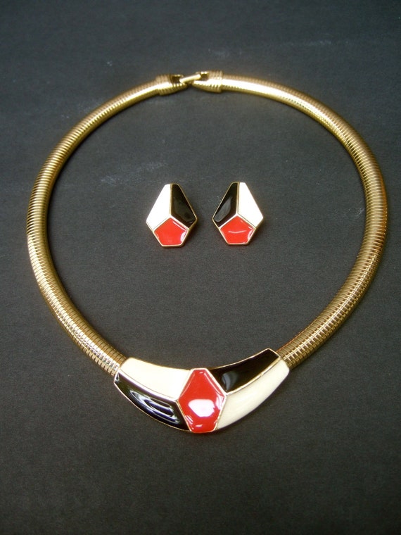 TRIFARI Sleek Gilt Metal Enamel Choker & Earring Set c 1970