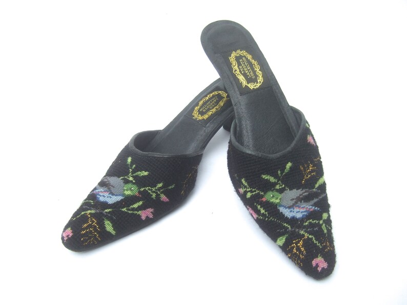 Charming Needlepoint Blue Bird Floral Mule Slipper Shoes Etsy