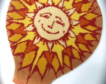 Charming Whimsical Sun Beam Handmade Hand Stitched Needlepoint Tennis Racquet Cover c 1970s