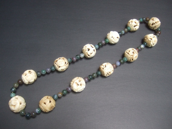 Massive Chinese Carved Zodiac Jade Beaded Artisan Necklace