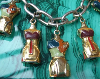Jean Paul Gaultier Rare Gilt Metal Dangling Enamel Torso Charm Bracelet & Earrings Set c 1990s