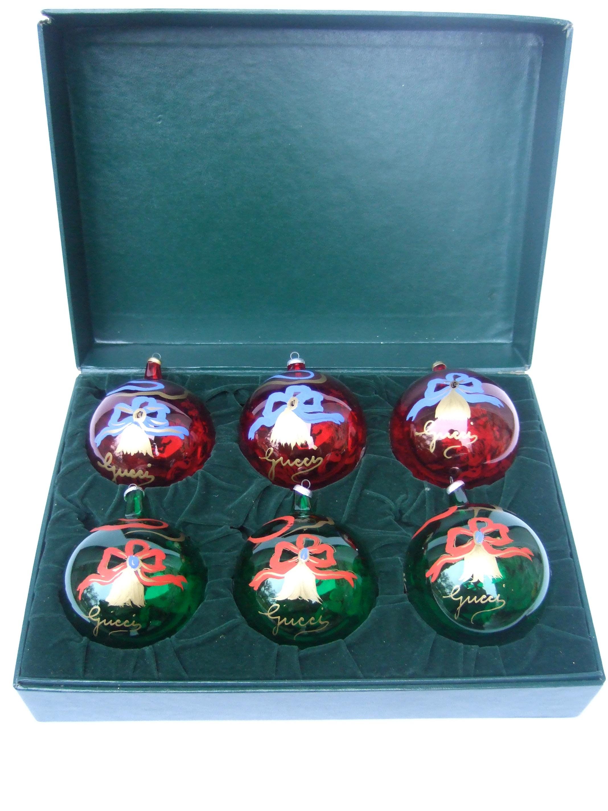GUCCI Extremely Rare Set of Six Hand Painted Glass Christmas Tree