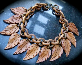 Unique Handmade Hand Carved Wood Dangling Leaf Choker Necklace c 1950s