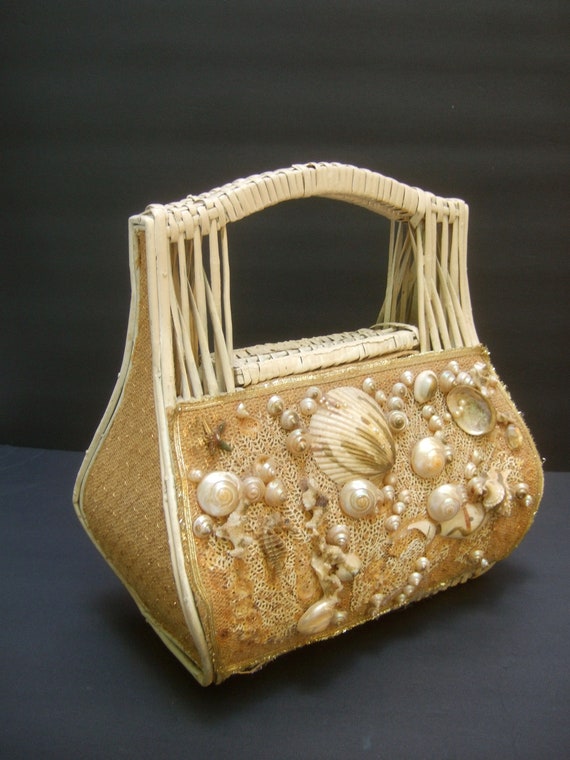 Charming Handmade Sea Shell Wicker Handbag c 1970