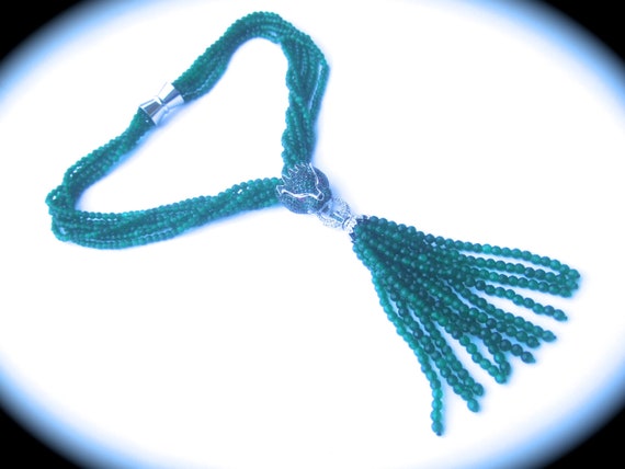 Opulent Green Crystal Panther Tassel Necklace - image 4