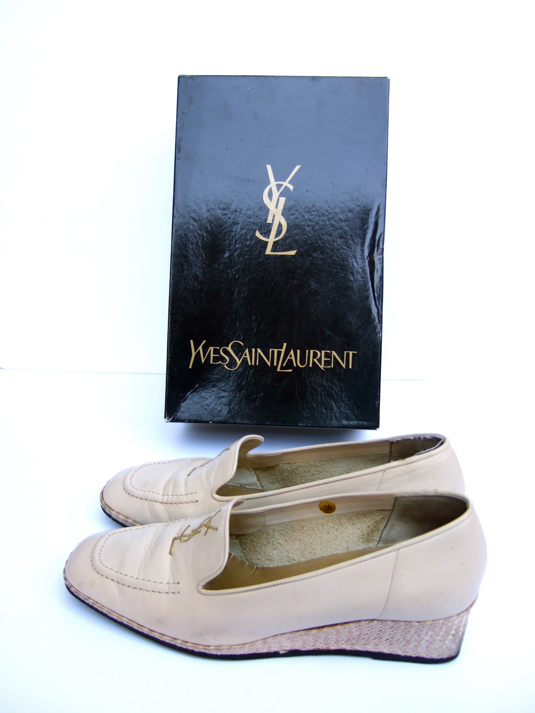 YVES SAINT LAURENT Taupe Leather Wedge Slip on Shoes Vintage