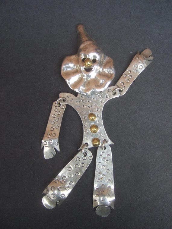 Massive Sterling Articulated Clown Brooch c 1980s - image 3