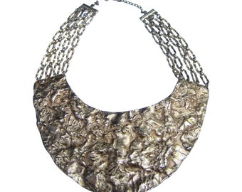 Huge Hammered Gilt Metal Bib Necklace. 1970's.