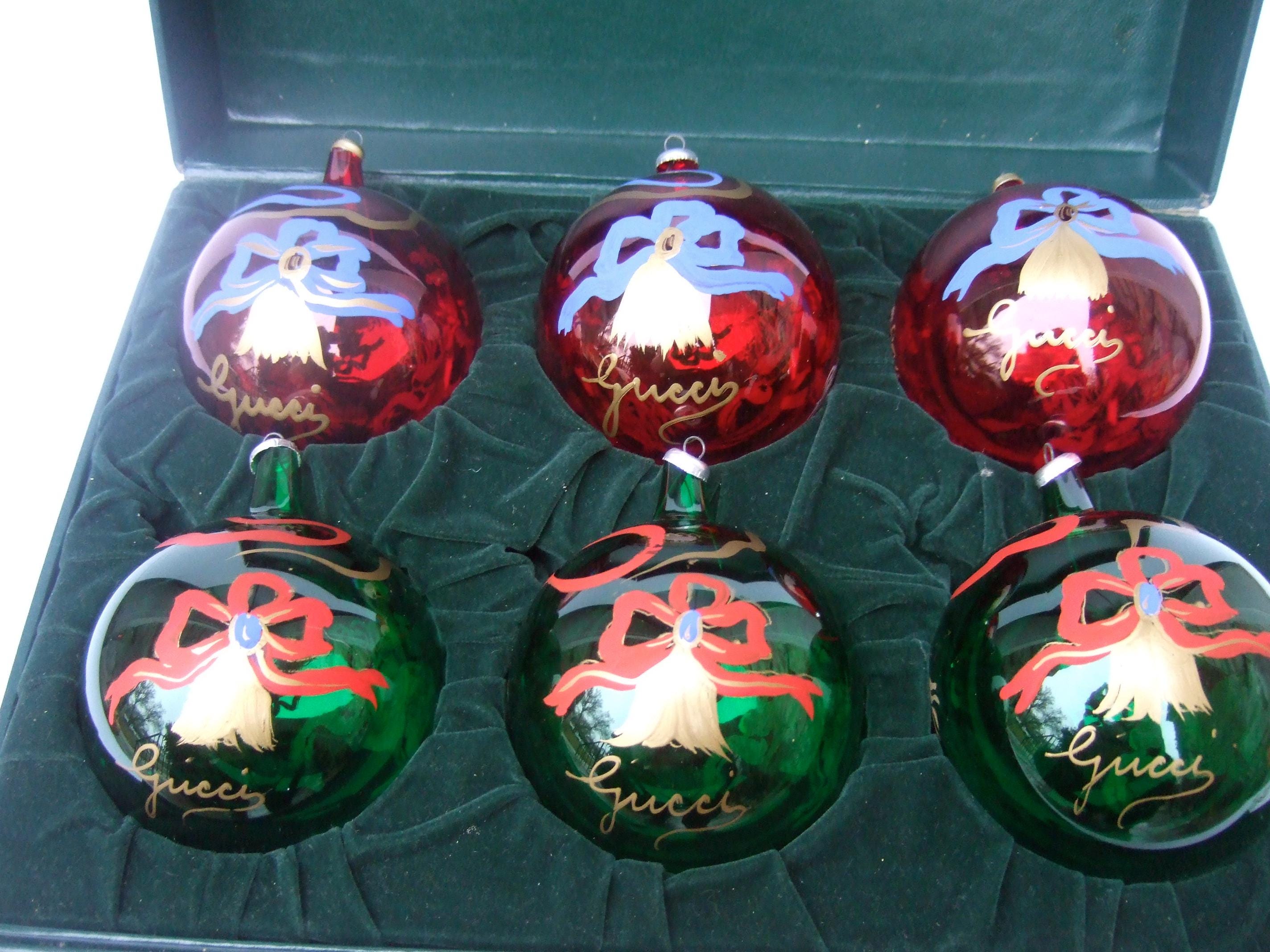 GUCCI Extremely Rare Set of Six Hand Painted Glass Christmas Tree