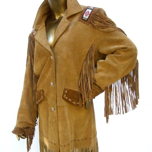 Reserved Sale Penning for Crowmtrdigesnet Western Style Glass Beaded Tan Suede Unisex Fringe Jacket Size L