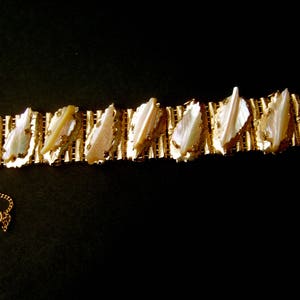 Elegant Carved Mother of Pearl Gilt Metal Link Bracelet by Kafin NY image 6