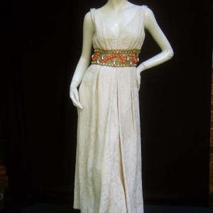 Ceil Chapman Stunning Ivory Brocade Jeweled Empire Gown. 1960's. As Is Imprefections image 4