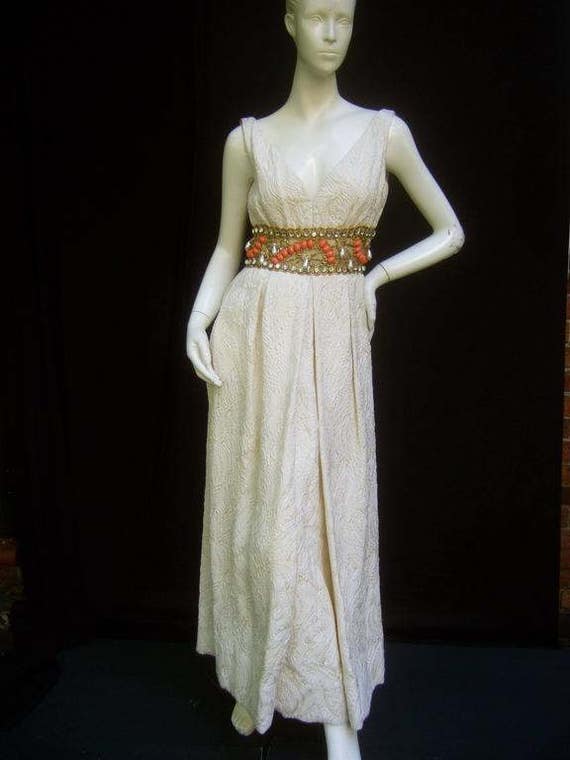 Ceil Chapman Stunning Ivory Brocade Jeweled Empir… - image 4
