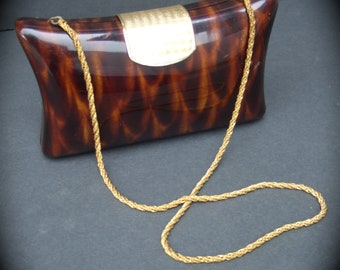 Sleek Tortoise Shell Lucite Versatile Clutch Shoulder Bag c 1970s