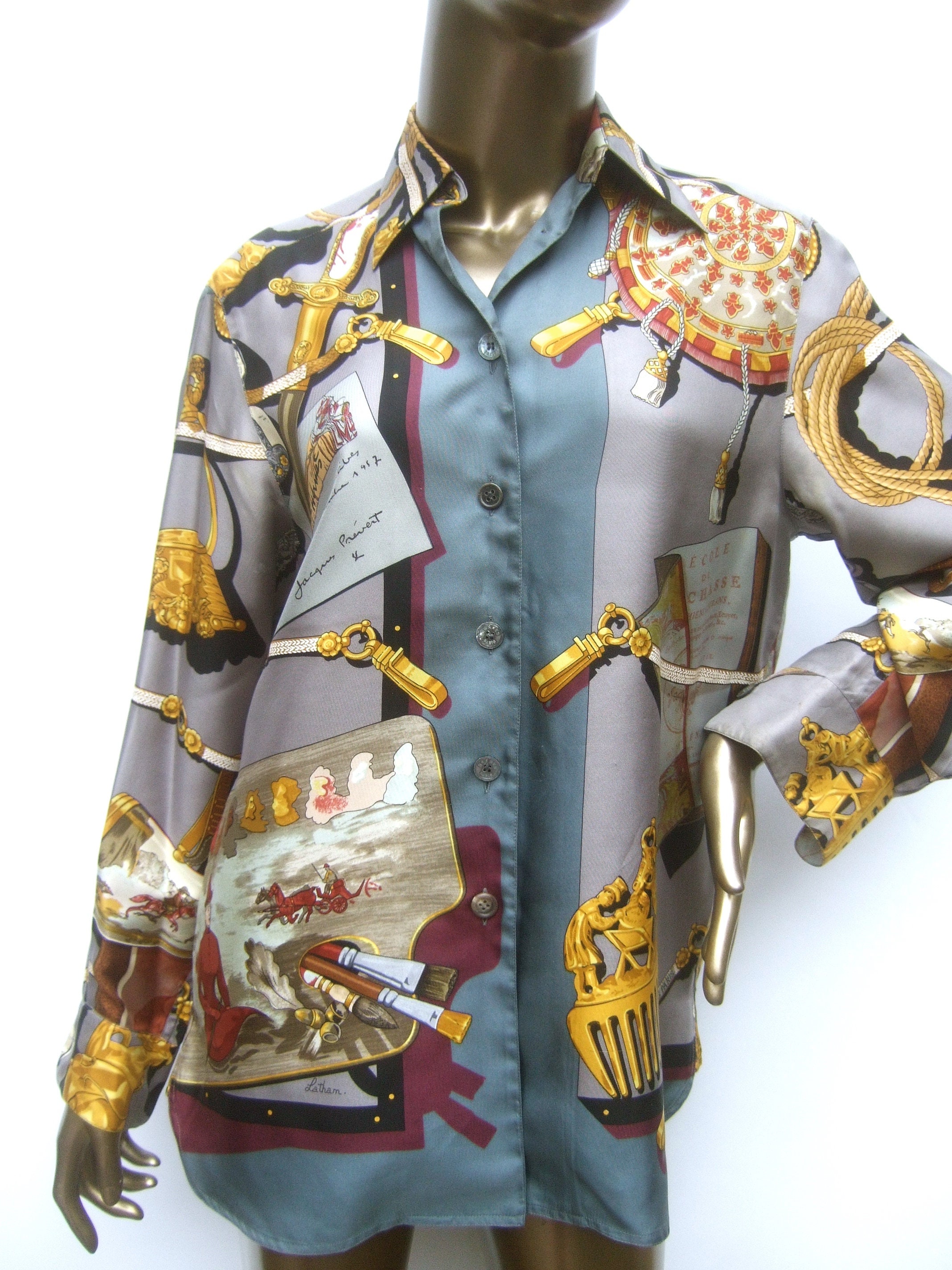 Hermes Top Vintage Feux D'Artifice Silk Blouse w/ Twilly 38 fits 4