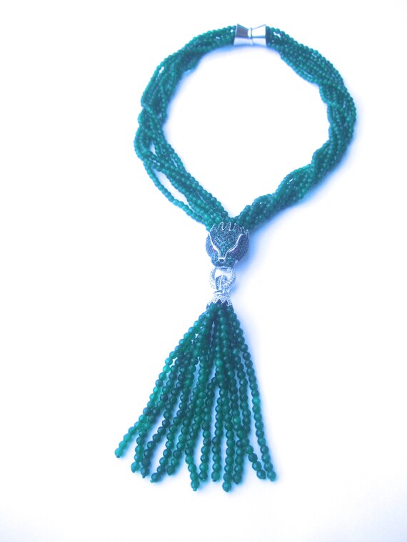 Opulent Green Crystal Panther Tassel Necklace - image 7