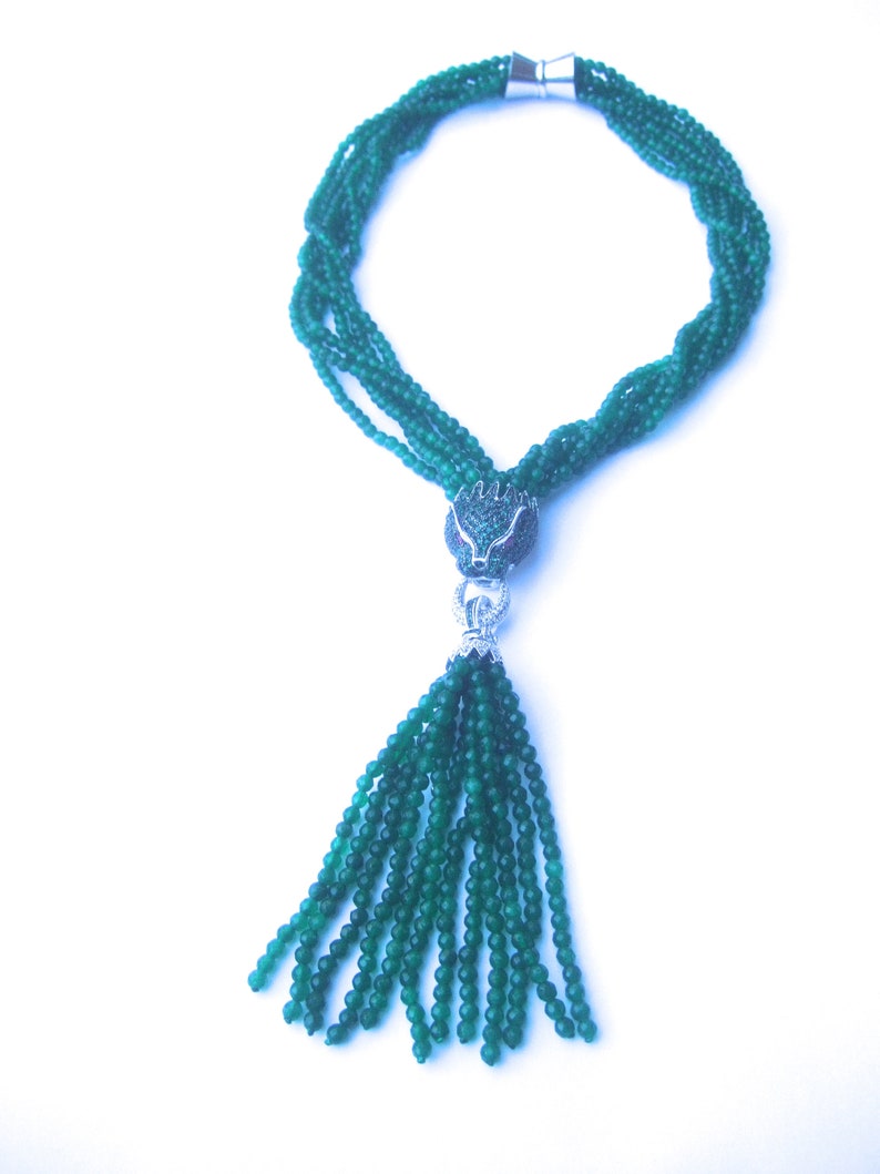 Opulent Green Crystal Panther Tassel Necklace image 7