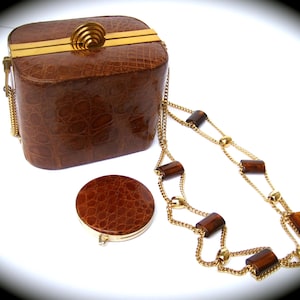 1950s Art Deco Alligator Shoulder Bag  with Matching Vanity Compact