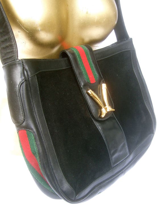 GUCCI Italy Rare Black Suede Boot Clasp Shoulder … - image 3