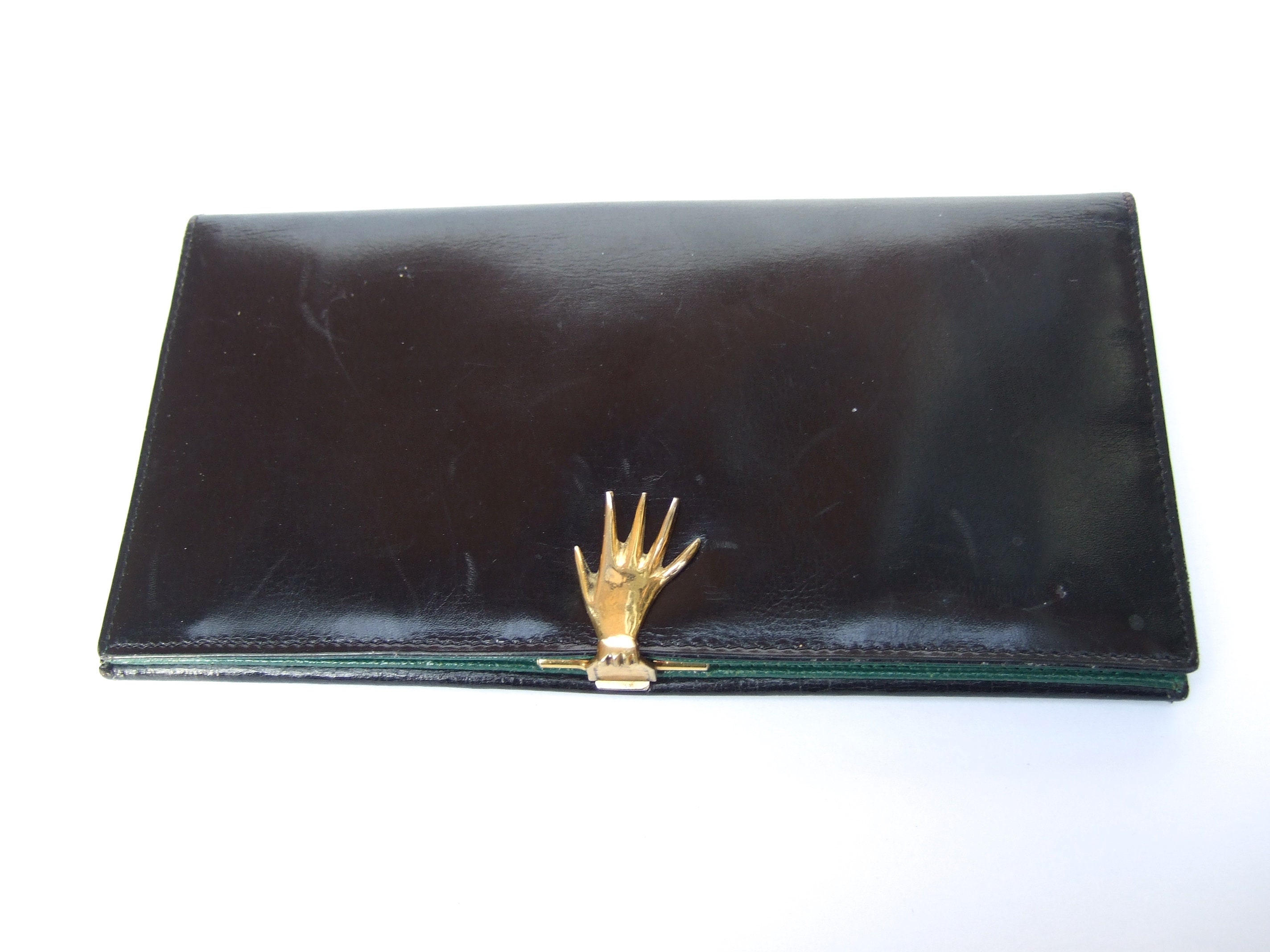 Vintage Gucci Wallet Black Gold Tone Clasp with open G made in ITALY Slim