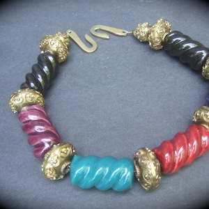 Exotic Ceramic & Brass Chunky Beaded Artisan Choker Necklace c 1980s