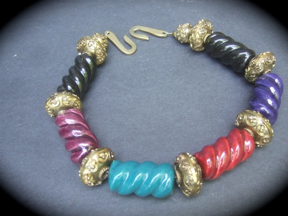 Exotic Ceramic & Brass Chunky Beaded Artisan Chok… - image 1