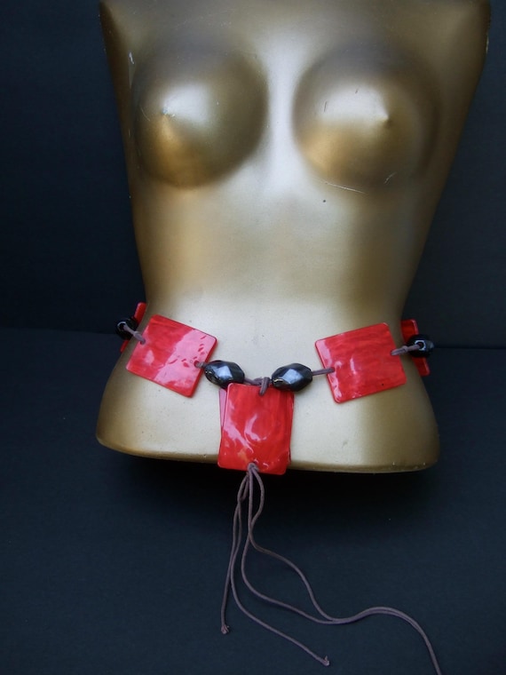 Resin Tile Beaded String Cord Tie Belt c 1980s - image 3