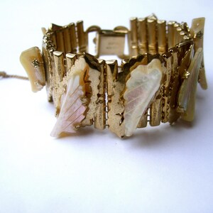 Elegant Carved Mother of Pearl Gilt Metal Link Bracelet by Kafin NY image 3
