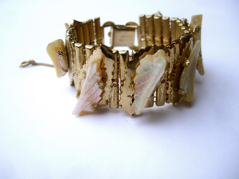 Elegant Carved Mother of Pearl Gilt Metal Link Bracelet by Kafin NY image 3