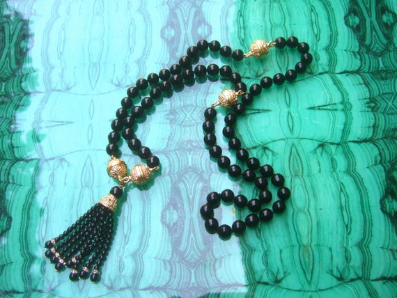 Opulent Ebony Glass Beaded Sautoir Necklace c 198… - image 1