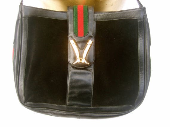 GUCCI Italy Rare Black Suede Boot Clasp Shoulder … - image 2
