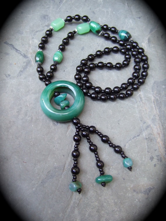 View of Opulent Art Deco Jet & Jadeite Long Glass Beaded Tass… - Gem