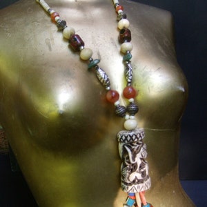 Exotic Carved Handmade Artisan Glass Beaded Tribal Necklace