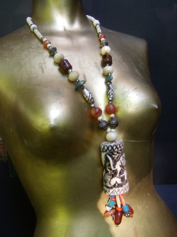 Exotic Carved Handmade Artisan Glass Beaded Tribal