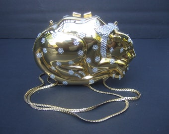 Opulento bolso de noche Minaudière de gato felino con incrustaciones de cristales de metal dorado c 1980s