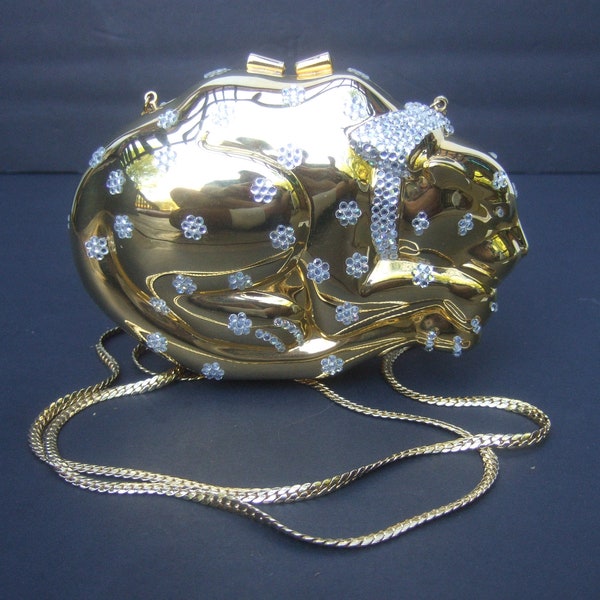 Opulent Gilt Metal Crystal Encrusted Feline-Cat Minaudière Evening Bag c 1980s