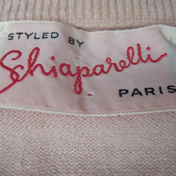 SCHIAPARELLI Paris Beige Flower Embroidered Short Sleeve Cardigan in Schiaparelli Presentation Box c 1950s