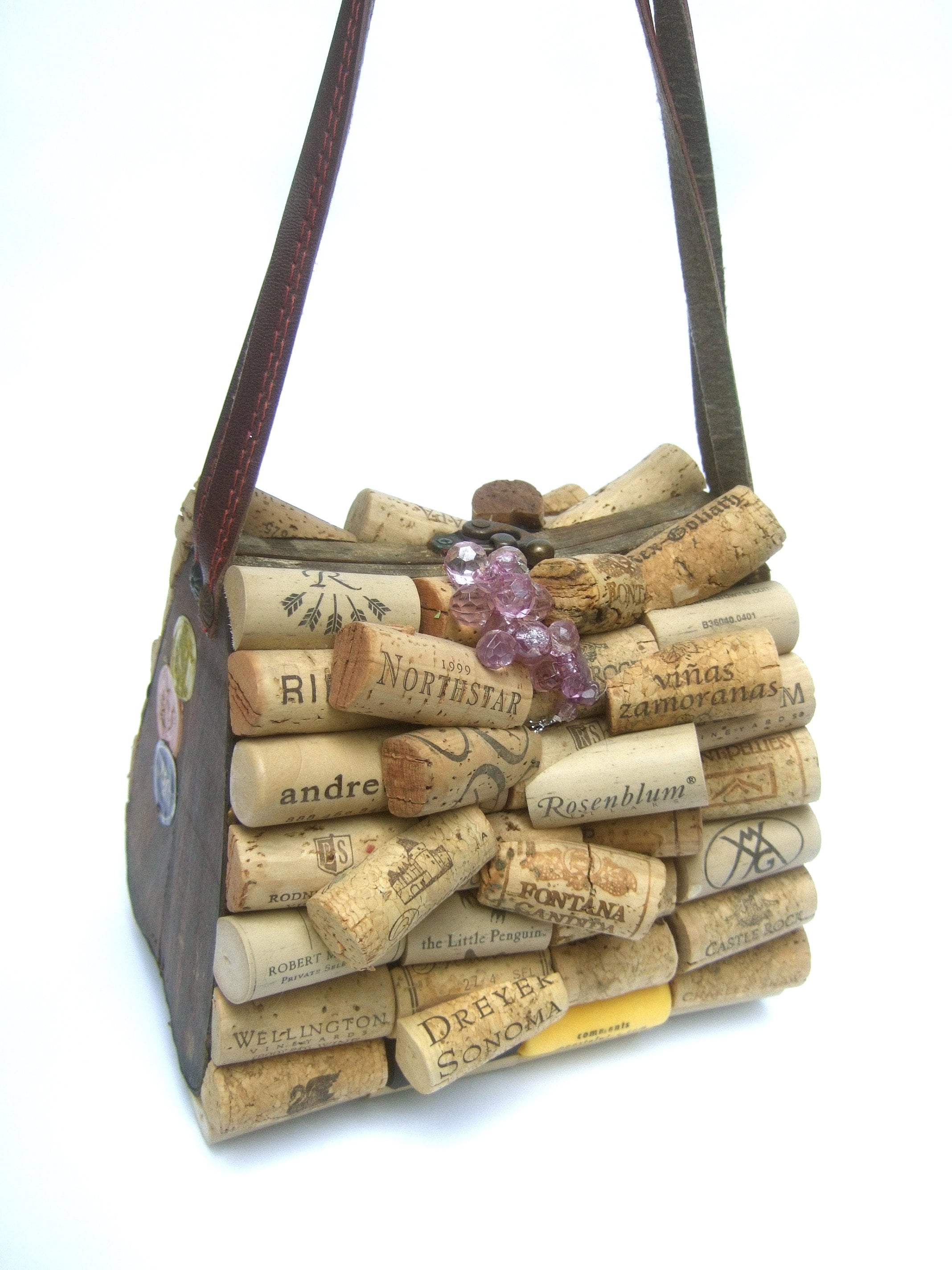 Whimsical Quirky Wine Bottle Cork Wood Box Purse Handbag C 1980s 