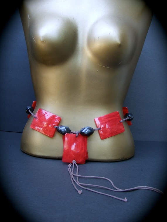 Resin Tile Beaded String Cord Tie Belt c 1980s - image 5