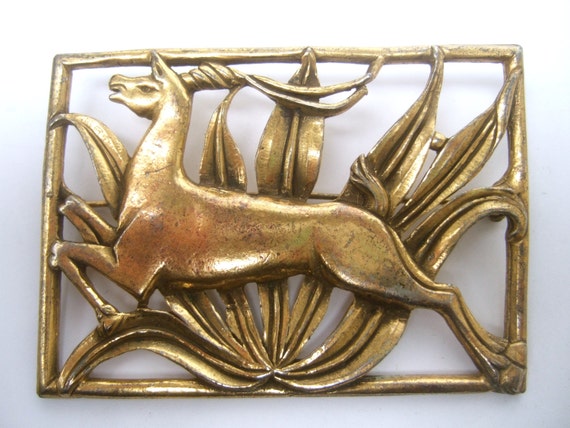 ART DECO Leaping Gazelle Gilt Brooch c 1940s - image 1