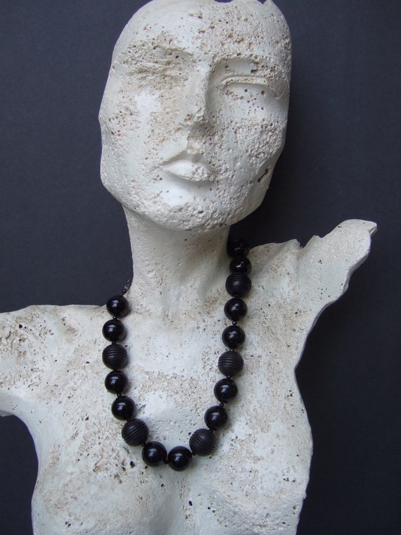 Chunky Black Glass Beaded Choker Necklace c 1980s